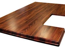 Walnut Stain - Shown on a African Mahogany Island top. Edge Grain construction with book-matched drop edges. African Mahogany Island top with Walnut Stain. Edge Grain construction with book-matched drop edges.