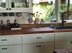 Mesquite parquet-style end grain wood island countertop.