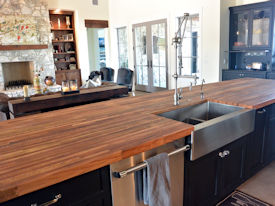 Reclaimed Truckbed Flooring edge grain wood island countertop with Tung-Oil finish.