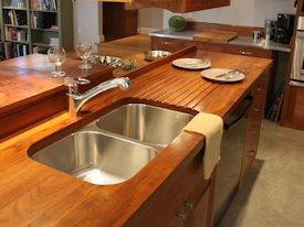 Face Grain Teak Countertop with undermount sink, sloping drainboard and Waterlox finish
