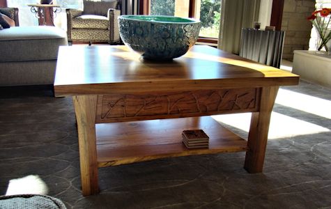 Custom Spalted Pecan square coffee table with custom designed carved aprons and shaped shelf