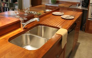 Face Grain Teak Countertop with undermount sink, sloping drainboard and Waterlox finish