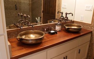 Face Teak Vanity Top with vessel sinks and Waterlox finish